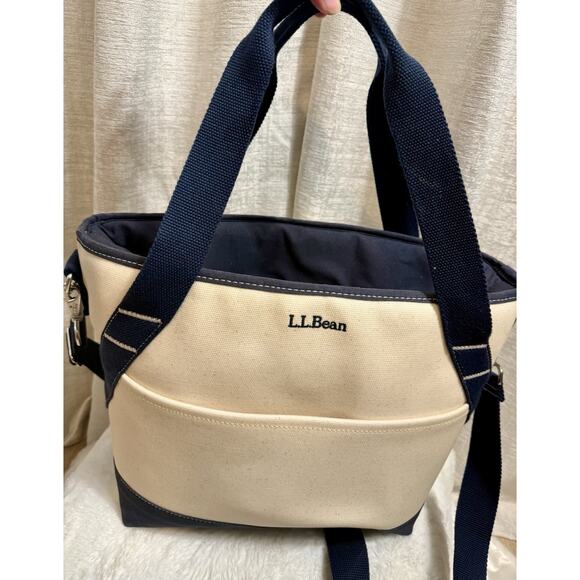 L.L. Bean Canvas Tote Bag Navy & Natural Zip Top Shoulder Bag USA Made - Picture 5 of 8